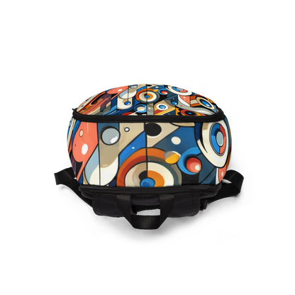 Detailed look at the playful motifs and intricate design of the Vibrant Cartoon-Inspired Abstract Backpack by Dazzling Dreams Studio, embodying creativity and modern aesthetics in a unique fashion accessory.