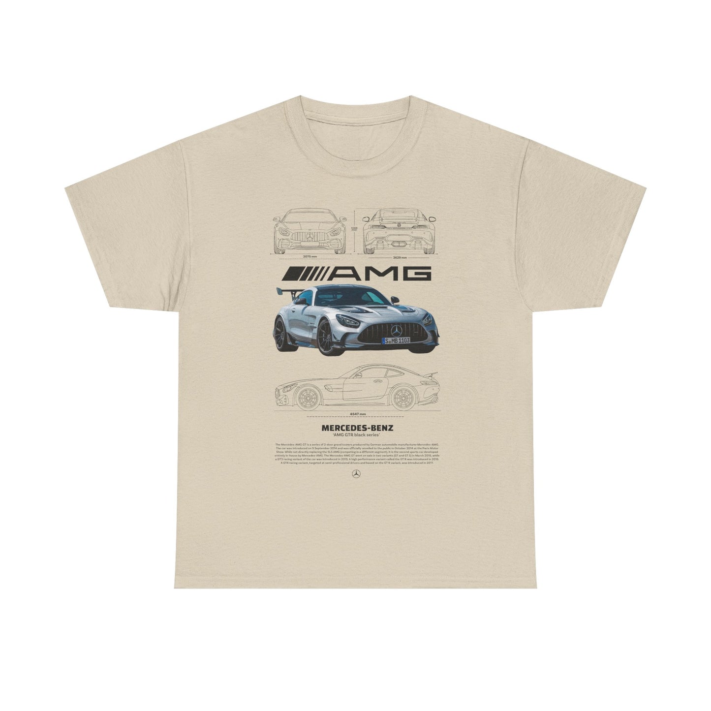 Chic neutral men's t-shirt with a sophisticated AMG graphic, designed for those who appreciate high-end automotive culture.