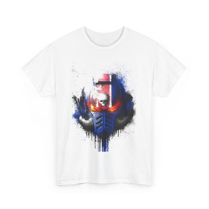 Luxurious unisex graphic t-shirt featuring a striking ‘Stranger Helm’ design, showcasing vibrant hues of blue and red with artistic splatter details, perfect for urban streetwear.