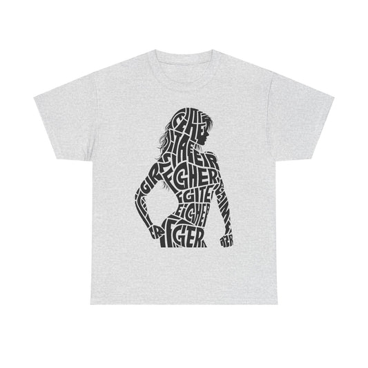Fighter Girl Graphic Tee – Luxurious Unisex T-Shirt displaying an elegant typography design depicting a powerful woman silhouette formed by the words 'FIGHTER' and 'GIRL', shown in bold black on a sophisticated grey background.