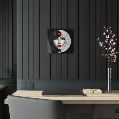 Yin-Yang Acrylic Art Print - 12-Inch Square, Modern Elegance displayed in a sophisticated interior setting, enhancing the decor of a modern workspace with its artistic harmony.