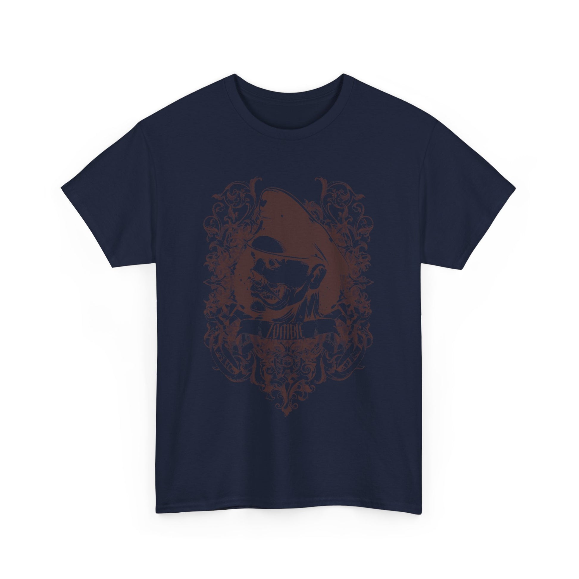 Men's Zombie Graphic T-Shirt featuring intricate Baroque design in a luxurious dark navy hue, ideal for making a bold fashion statement.