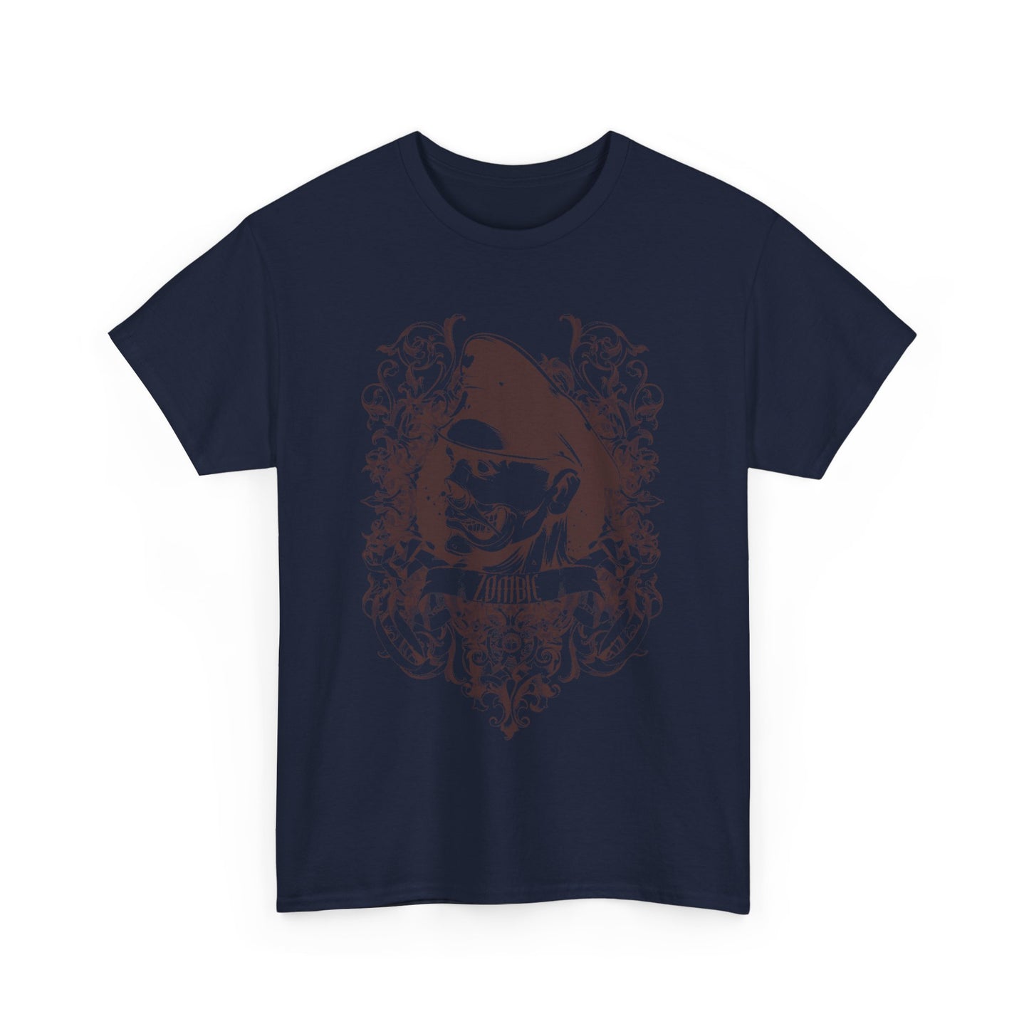 Striking navy front view of the Men's Zombie Graphic T-Shirt featuring an intricate zombie graphic with Baroque details, perfect for making a bold fashion statement.