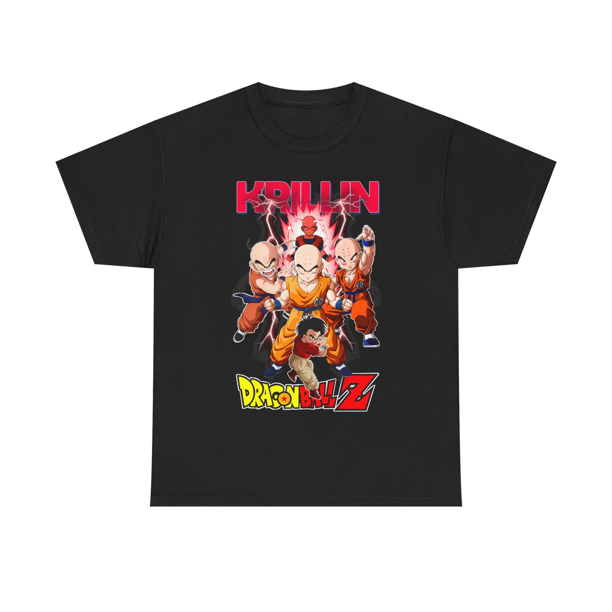 Chic black Dragon Ball Z T-shirt with a striking graphic of Krillin and the Z Fighters, combining premium quality with iconic anime style.