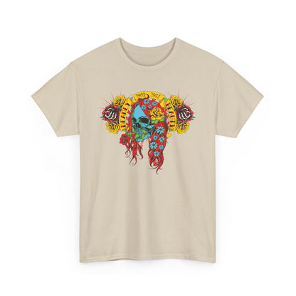 Luxurious men's t-shirt featuring a striking skull design embellished with vibrant floral motifs, including roses in rich hues and delicate blossoms, set against a beige background. Perfect for those who appreciate bold artistic expression.