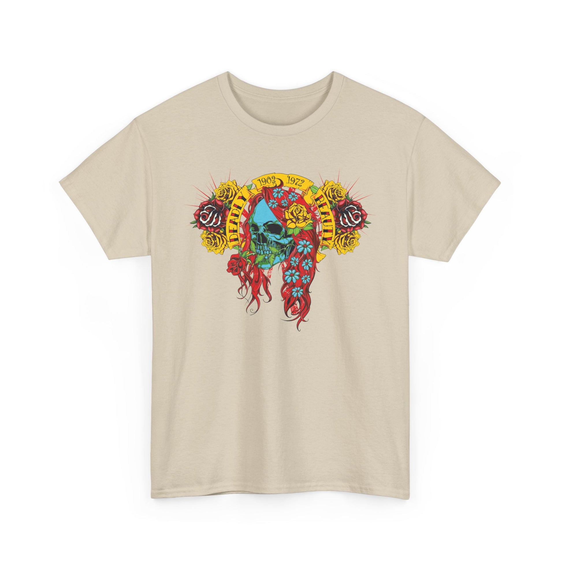 An elegant beige t-shirt adorned with a stunning graphic of a skull entwined with vivid flowers and striking colours, representing a bold fashion statement.