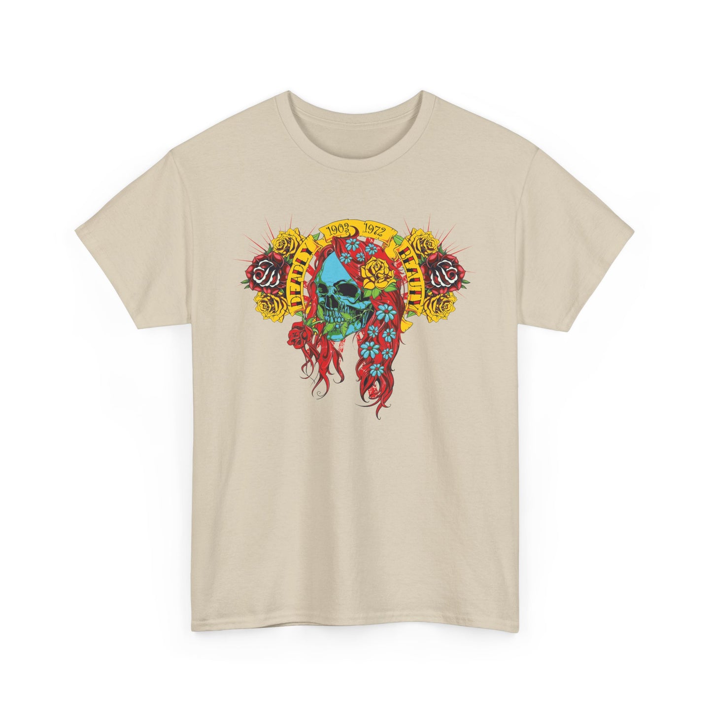 Luxurious beige men's t-shirt featuring an artistic floral skull design with vibrant red hair and intricate flowers, ideal for bold fashion statements.