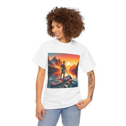 Premium quality cotton Serene Paddle Board T-Shirt, ideal for adventure enthusiasts, designed by Dazzling Dreams Studio.