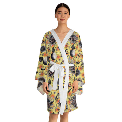 Floral Kimono Robe, Women's Robe, Designer Lounge Wear - Stylish woman modelling a vibrant Floral Kimono Robe, radiating luxury and comfort.