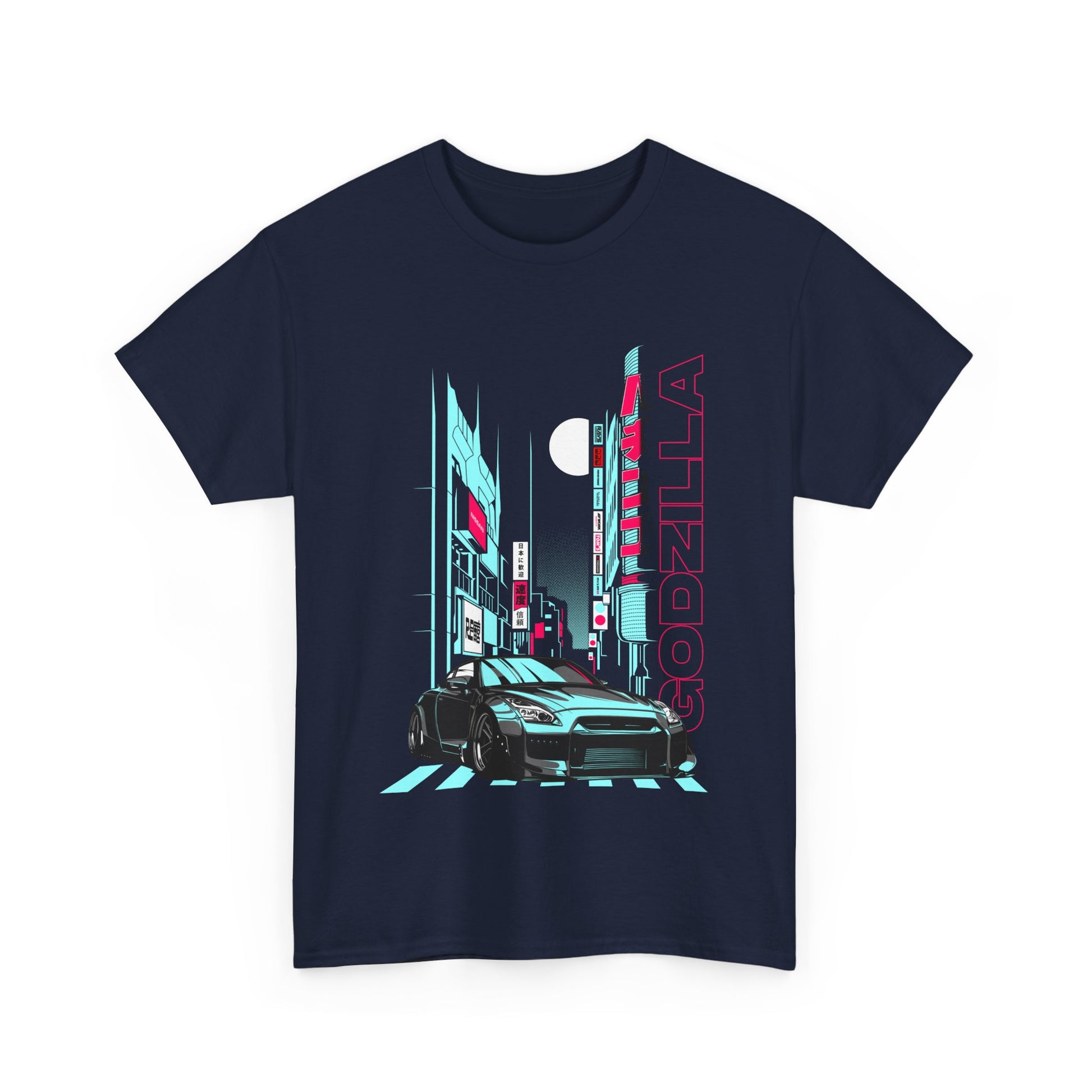 Stylish navy blue graphic men's t-shirt featuring a striking urban design with a sleek sports car and bold 'GODZILLA' typography, ideal for fashion-forward individuals.