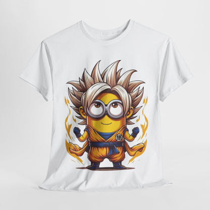 Minion´s Dragon Ball Z Mashup Unisex Men´s Women´s Graphic T Shirt Tee depicting a cheerful Minion styled like a Dragon Ball Z warrior, with a bright orange gi and spiky hair, set against a white background. This funny T Shirt is ideal for any Minions enthusiast.