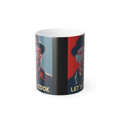 Breaking Bad Heisenberg Color Morphing Mug - 11oz Heat Revealing Coffee Cup, showcasing the transformative heat-activated design displaying Heisenberg's image and the phrase 'Let's Cook', ideal for luxury coffee experiences.