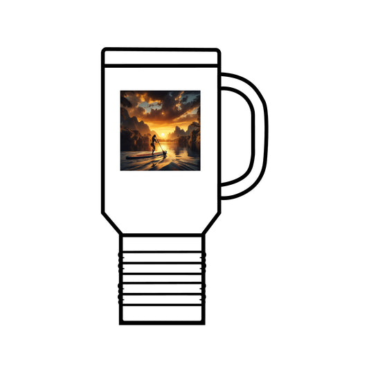 Fantasy Paddleboarding 40oz Stainless Steel Travel Mug featuring a vibrant sunset scene with a paddleboarder, showcasing an elegant and whimsical design ideal for adventure lovers.