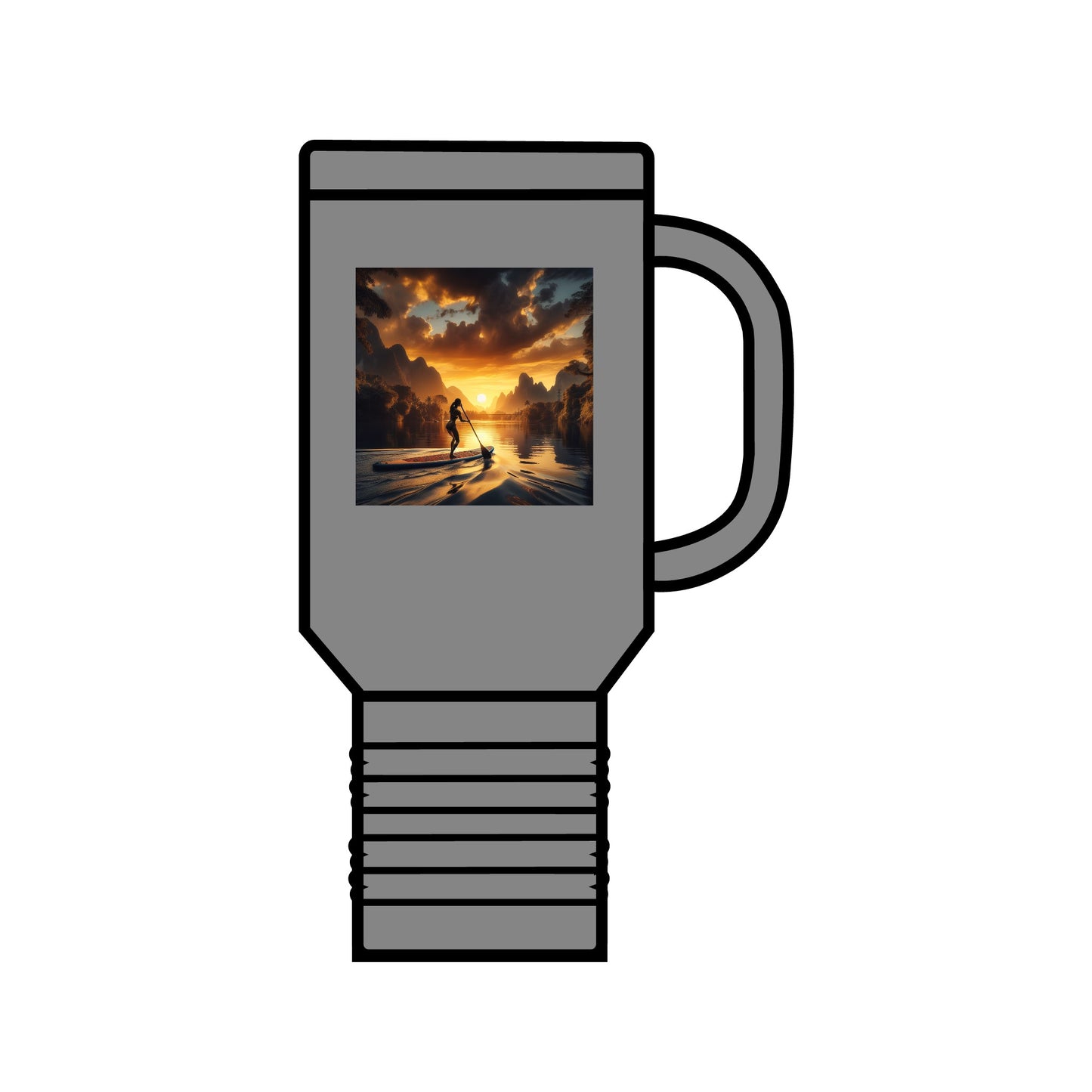 Luxury Fantasy Paddleboarding 40oz Stainless Steel Travel Mug in a sleek grey finish, adorned with a captivating sunset paddleboarding image, perfect for stylish hydration on the go.
