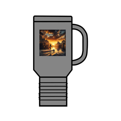 Luxury Fantasy Paddleboarding 40oz Stainless Steel Travel Mug in a sleek grey finish, adorned with a captivating sunset paddleboarding image, perfect for stylish hydration on the go.