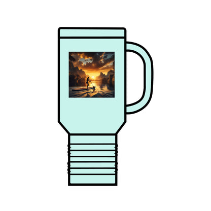 Sleek light blue Fantasy Paddleboarding 40oz Stainless Steel Travel Mug featuring a beautiful sunset scene, the perfect blend of elegance and practicality for your journeys.