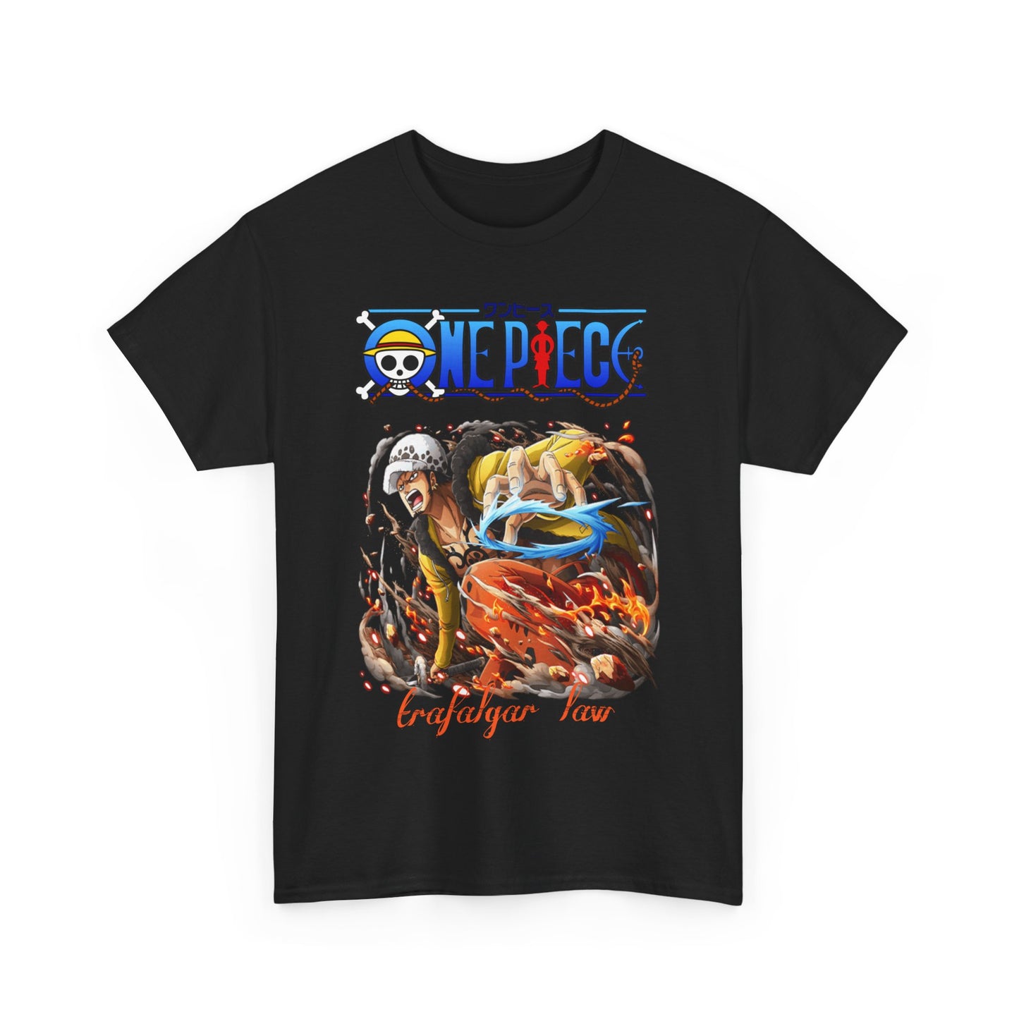Refined black men's t-shirt featuring a dynamic One Piece design of Trafalgar Law, combining comfort with a tribute to popular culture.