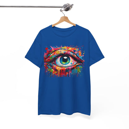 Luxurious unisex t-shirt displayed with a stylish white cap, featuring the eye-catching 'Visionary Drip' graphic on a blue tee, reflecting artistic flair and contemporary style.