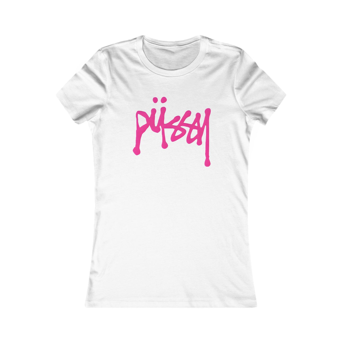 Chic women's fitted t-shirt featuring a bold hot pink dripping graffiti design, exuding playful elegance and contemporary style.