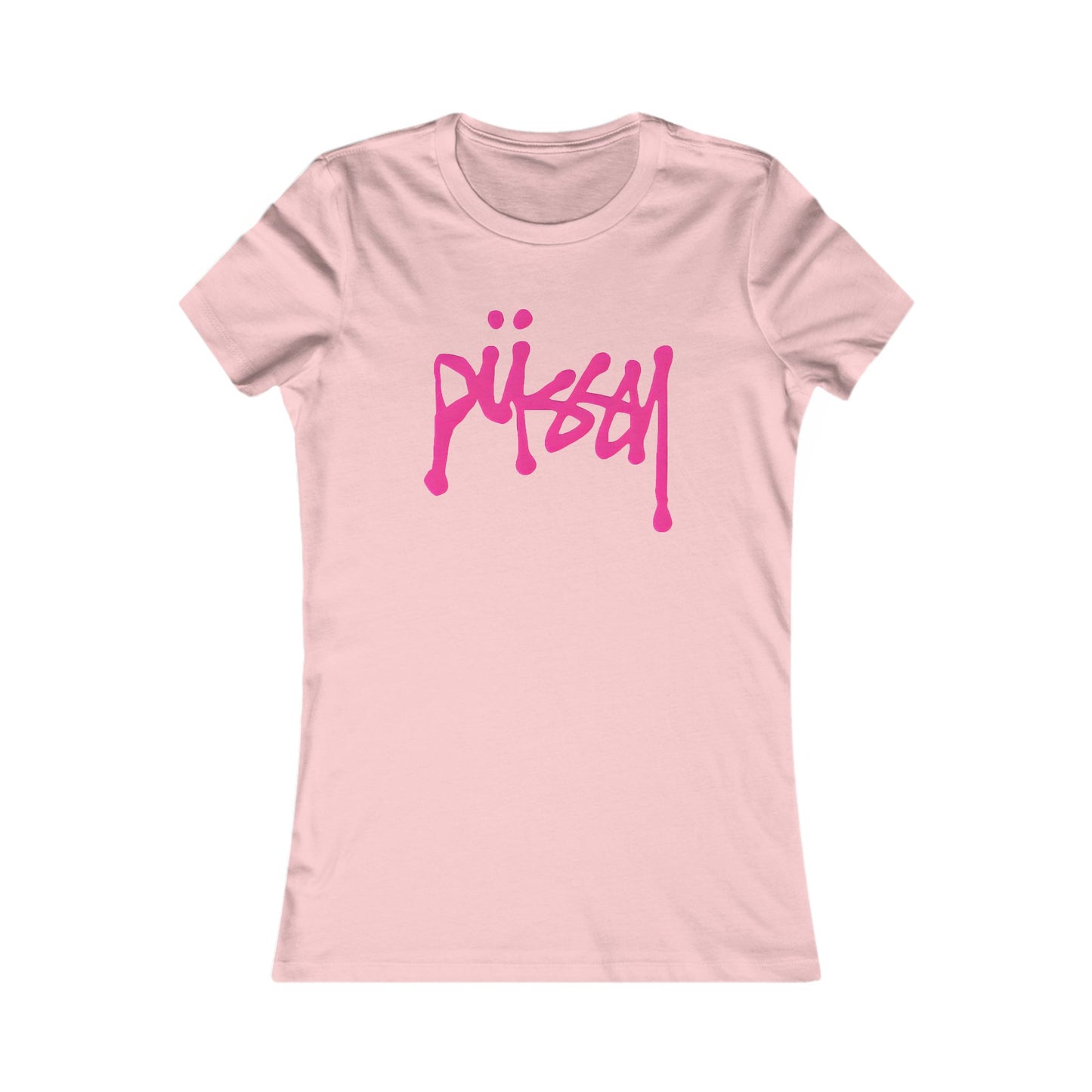 Chic fitted women's t-shirt in soft pink adorned with a vibrant pink dripping graffiti design of the word 'püssy', elevating playful fashion statements.