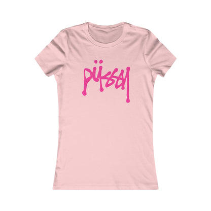 Chic fitted women's t-shirt in soft pink adorned with a vibrant pink dripping graffiti design of the word 'püssy', elevating playful fashion statements.