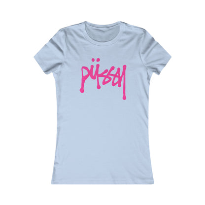 Stylish fitted women's t-shirt in soft blue adorned with eye-catching pink dripping graffiti design featuring the word 'Pussy', ideal for a playful wardrobe.