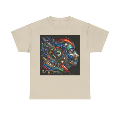 Stained Glass Dreams Unisex T-Shirt in beige, showcasing a stunning abstract artwork of a face, embodying artistic elegance and vibrant hues, ideal for luxury fashion enthusiasts.