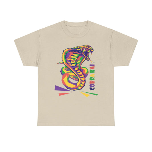 Luxurious graphic T-shirt featuring a vibrant Cobra Kai snake design on a soft beige background, showcasing a blend of creativity and nostalgia, perfect for casual elegance.