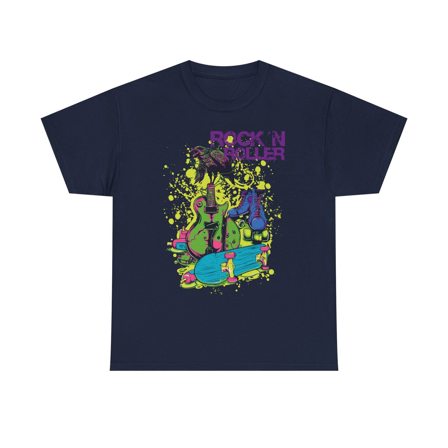 Elegant navy blue men’s t-shirt showcasing a striking graphic of a crow on a guitar, paired with colourful roller skates and skateboard, ideal for music lovers and fashion-forward individuals.
