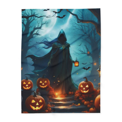 Charming Halloween fleece blanket showcasing a cloaked figure with a lantern, surrounding pumpkins and an eerie moonlit background, designed to enhance your seasonal decor—Decorative and Warm Halloween Spooky Arctic Fleece Blanket 3 Sizes.