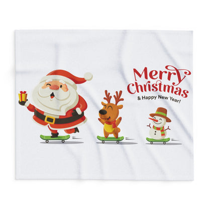 Decorative and Warm Christmas Arctic Fleece Blanket featuring a whimsical design with Santa, a reindeer, and a snowman skateboarding, making it perfect for festive holiday decor.