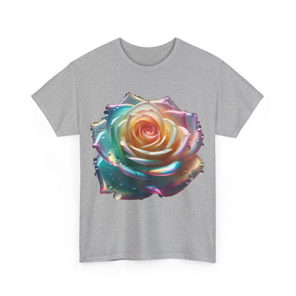 Front view of a grey Ethereal Rose Unisex Cotton Tee featuring an artistic floral design with iridescent accents, capturing the essence of the stunning rose close-up.