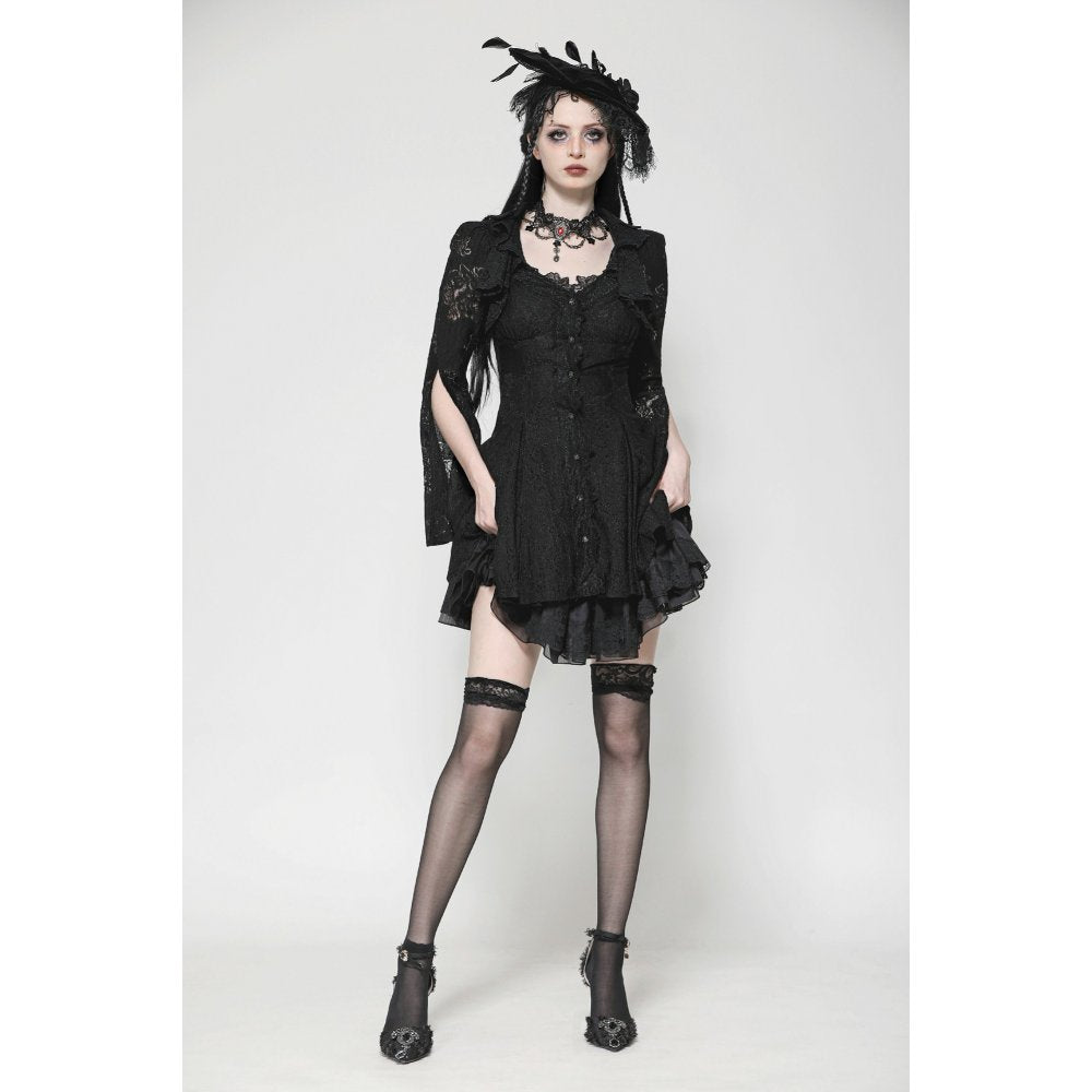 Flared silhouette of the gothic lace dress showcasing adjustable waist for a perfect fit and comfort.