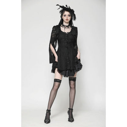 Flared silhouette of the gothic lace dress showcasing adjustable waist for a perfect fit and comfort.