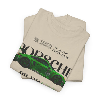 Luxury Porsche 911 RS men's t-shirt featuring a stunning graphic of the iconic green sports car, designed for performance enthusiasts.