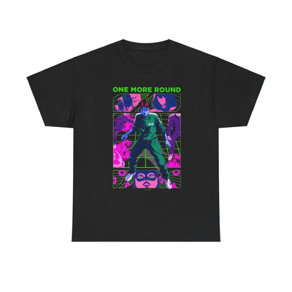 Elegant black T-shirt with an artistic graphic print, inspired by a renowned survival challenge, adorned with eye-catching colours and thematic imagery, perfect for making a fashionable statement.