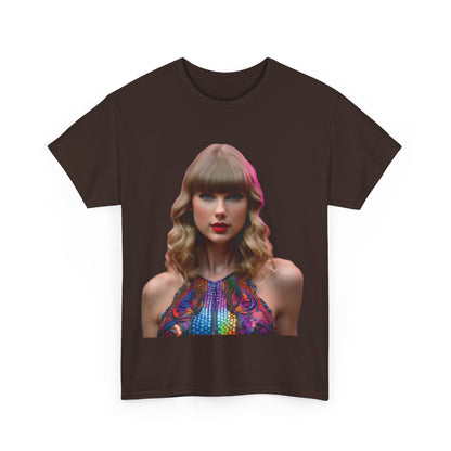 Front view of the Swifties Psychedelic Taylor Swift Heavy Cotton Tee featuring a vibrant, psychedelic image of Taylor Swift, designed for devoted fans.