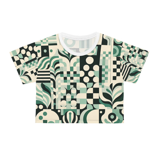 Daria Bellucci Stylish Crop Top featuring a modern checkerboard print in pastel green, showcasing unique geometric patterns and organic shapes, perfect for a luxurious and fashionable wardrobe.