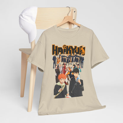 Haikyuu!! T-shirt displayed elegantly on a chair alongside a cap, showcasing a vibrant design that appeals to both anime lovers and fashion aficionados.