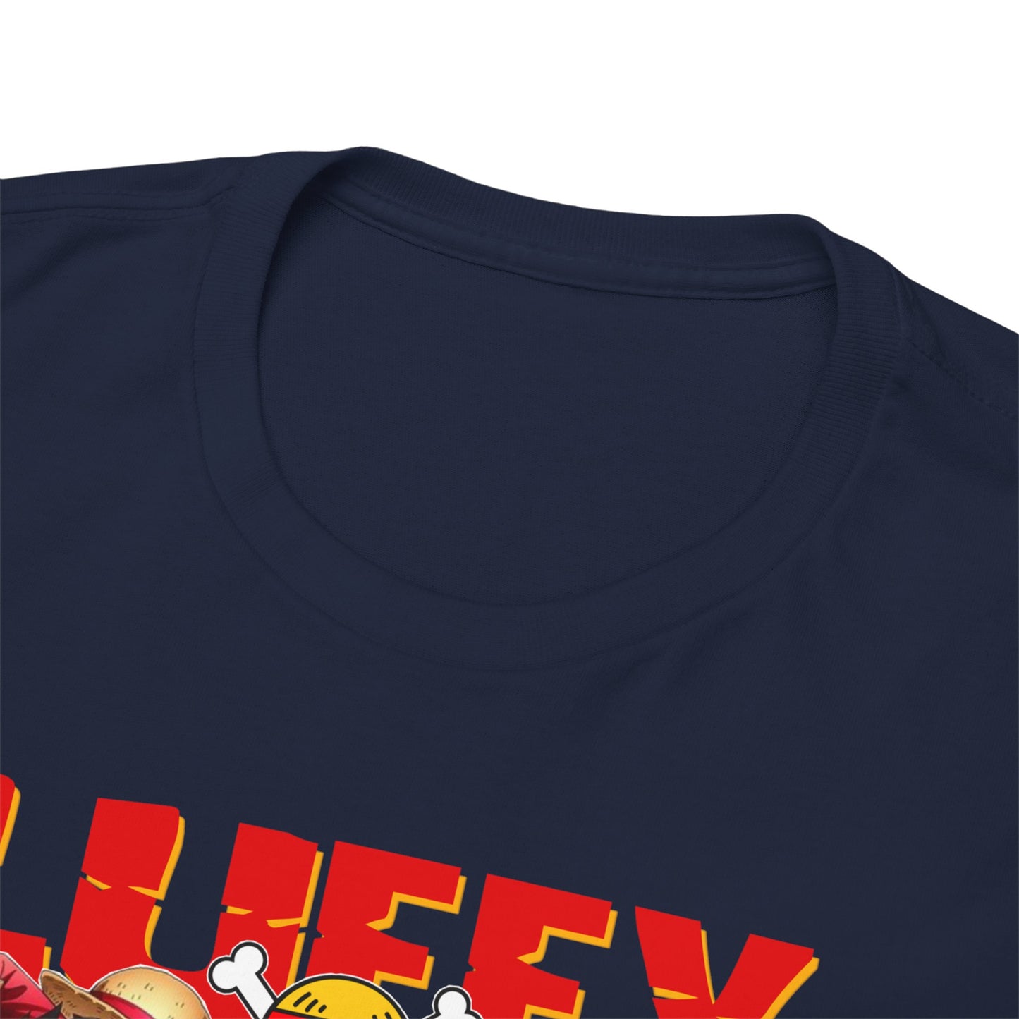 Close-up view of the neckline of a premium quality men's anime t-shirt featuring dynamic graphic design elements.