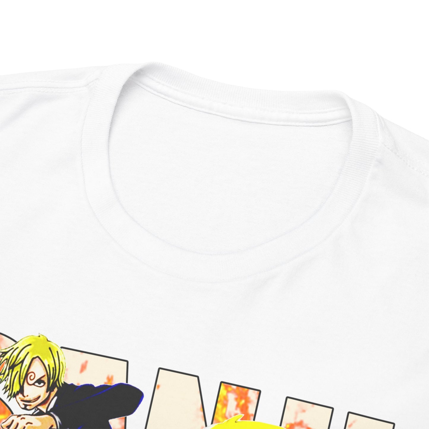 Close-up view of a high-quality white t-shirt neckline featuring an intricate anime design of Sanji, crafted for comfort and style.