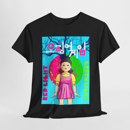 Luxury Squid Game Unisex Graphic T-Shirt in black, featuring vibrant 'Red Light' and 'Green Light' design with a stylised character, perfect for urban fashion enthusiasts.