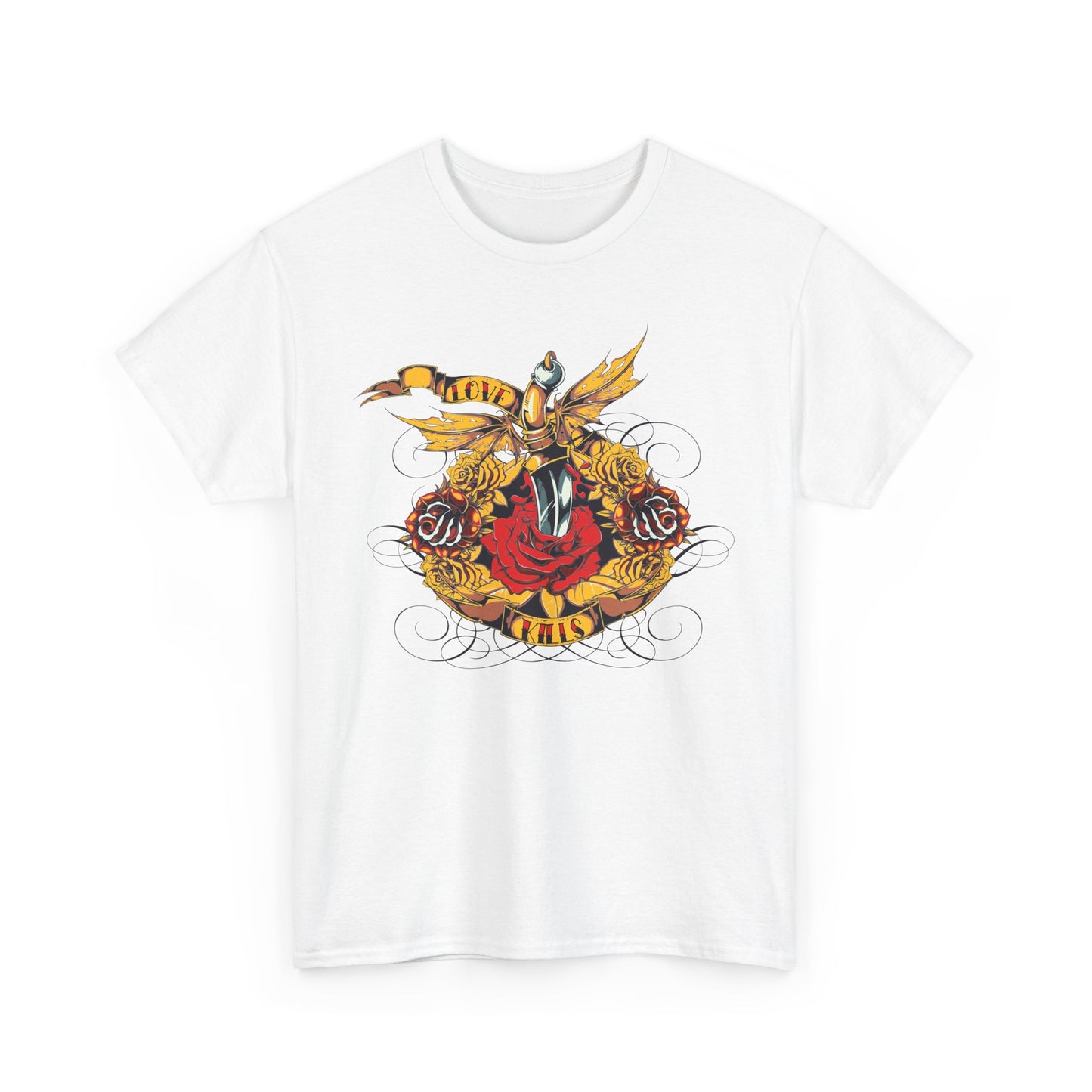 Classic white t-shirt featuring a beautifully illustrated dagger entwined with roses and a 'LOVE KILLS' ribbon in vibrant colours — a luxurious choice for bold fashion lovers.