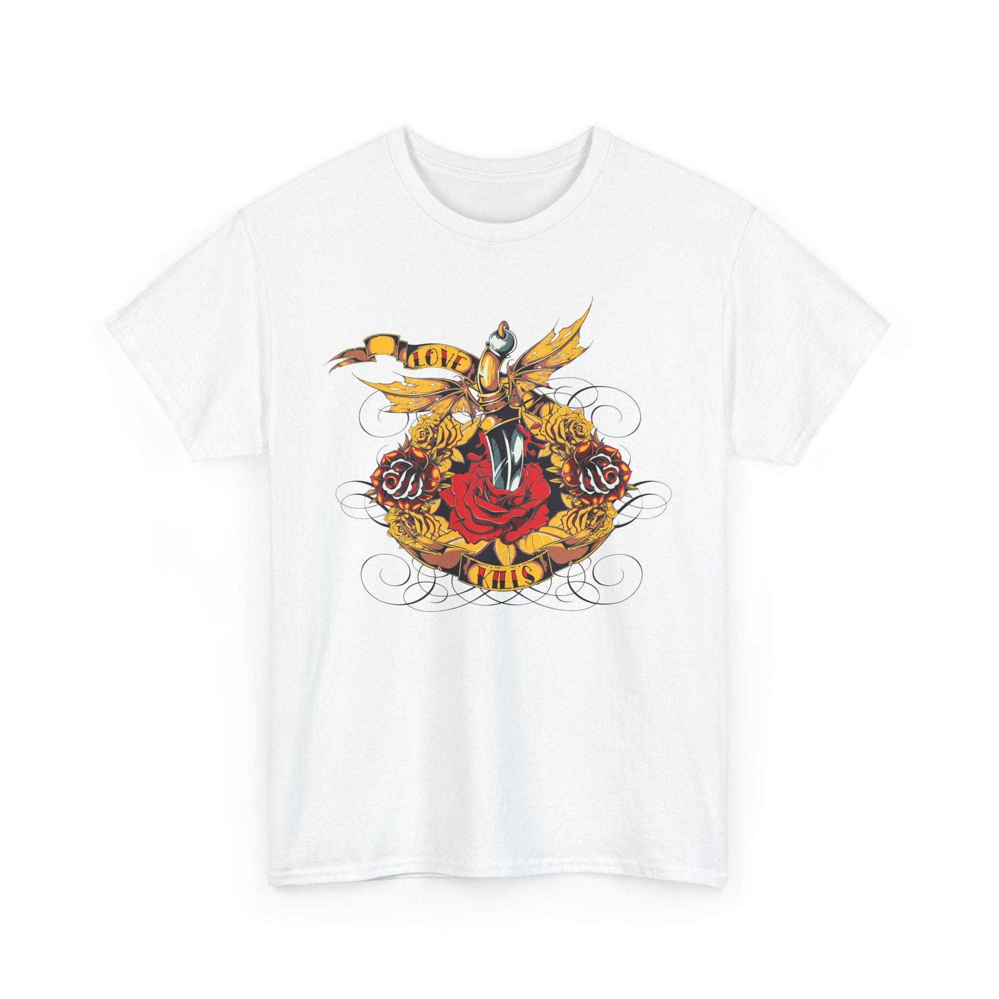 Classic white t-shirt featuring a beautifully illustrated dagger entwined with roses and a 'LOVE KILLS' ribbon in vibrant colours — a luxurious choice for bold fashion lovers.