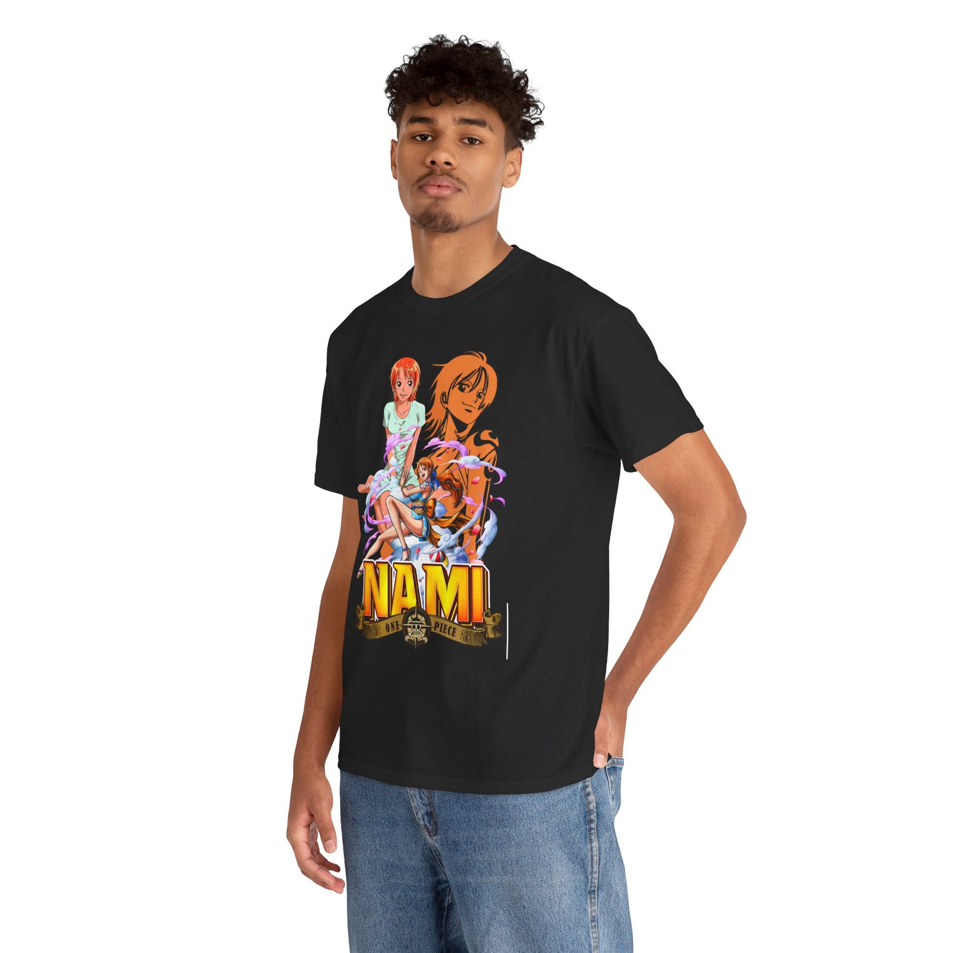 Sophisticated men's t-shirt model showcasing Nami anime art from One Piece, designed for stylish individuals who embrace unique fashion statements in any setting.