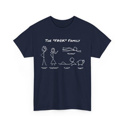 Rich navy cotton unisex t-shirt with 'The "F#@K" Family' graphic, featuring inventive stick figure illustrations that add a touch of playful irony to luxury fashion.