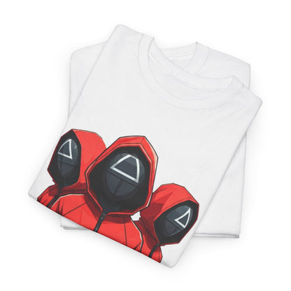 Folded Squid Game Unisex Men’s Women’s Graphic Cotton Funny T-Shirt highlighting the captivating design of red hooded figures, perfect for casual style.