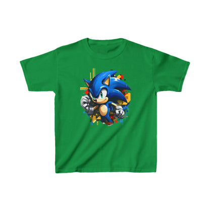Luxury Child's Sonic The Hedgehog Unisex Graphic Tee Shirt in green, showcasing an eye-catching graphic of Sonic, embodying energy and excitement with artistic geometric patterns.