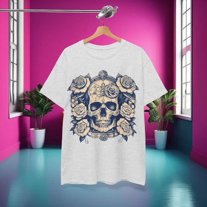 Skulls and Roses Cotton Tee displayed in a stylish room, showcasing its unique steampunk design with skulls and roses on a light grey shirt, perfect for adding a luxurious touch to your wardrobe.