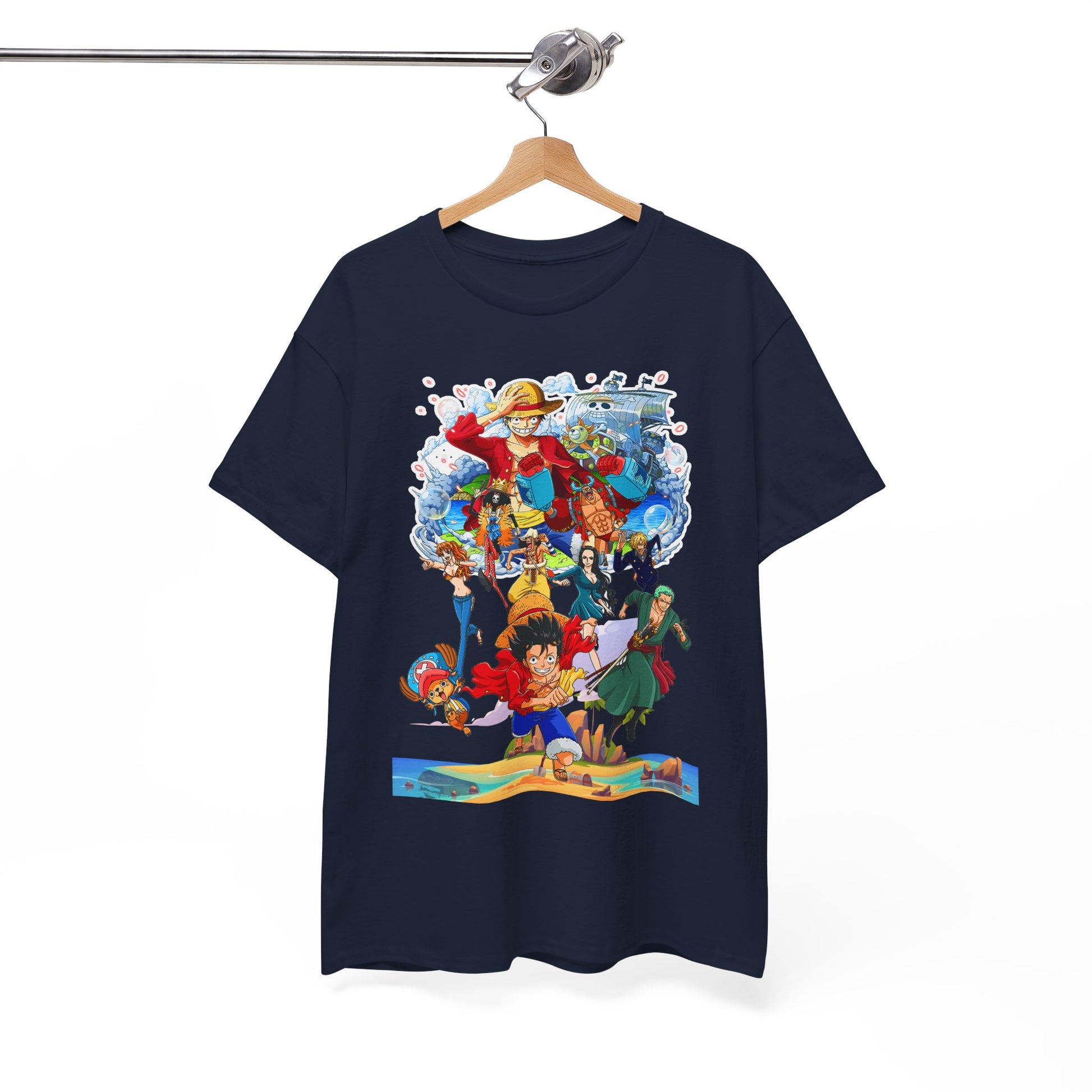 Luxurious navy men's t-shirt featuring an intricate, vibrant anime-inspired design showcasing iconic characters, perfect for stylish anime enthusiasts.
